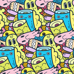 Funny doodle monsters seamless pattern for prints, designs and coloring books