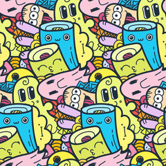 Funny doodle monsters seamless pattern for prints, designs and coloring books