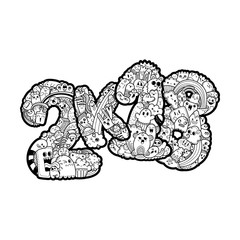 New year 2K18. Monster doodle date. Ornate holiday symbol.