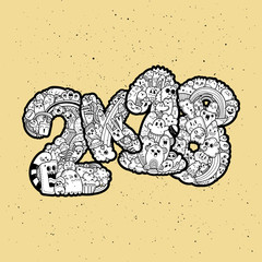 New year 2K18. Monster doodle date. Ornate holiday symbol.
