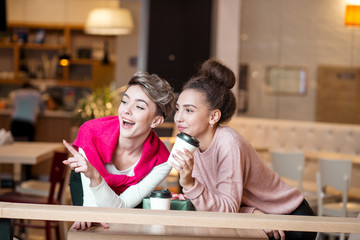 Caucasian female friends in casual wear having lunch at mall cafe laughing, talking about fashion and shopping.