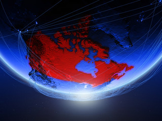 Canada on green model of planet Earth with network representing blue digital age, travel and communication.