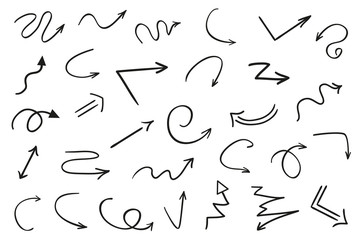 Hand drawn infographic elements on white. Abstract arrows. Line art. Set of different signs. Black and white illustration. Doodles for artworks