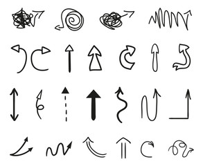 Hand drawn infographic elements on white. Abstract arrows. Line art. Set of different signs. Black and white illustration. Doodles for artworks