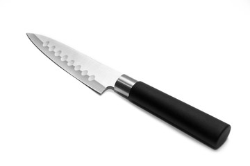 Kitchen steel sharp knife with black handle isolated on white background