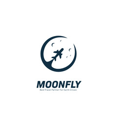 Moon fly tour and travel agency logo with moon and plane silhouette icon symbol illustration