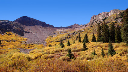 Fall foliage coat the soaring mountains above the Rico Silverton trail in the San Juan range of the Colorado Rockies. 