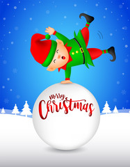 Cute cartoon little elf with snow ball.  Merry Christmas and Happy New Year. Illustration isolated on white background.