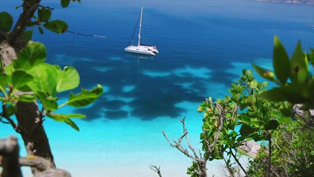 Amazing sailing vacations in mediterenean sea. Colorful harbor remote unspoiled nature, secluded Islands in Greece. Travel adventure carefree joy and happiness concept. Luxury vacation, Paradise.