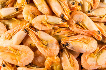 Shrimp red ready. Boiled shrimp pile. Close-up