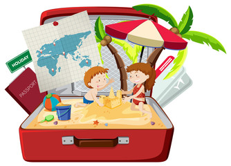 Children on the beach in luggage