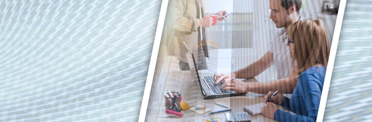 Business people working together, double exposure, light effect. panoramic banner