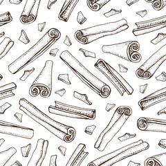 Cinnamon sticks seamless pattern. Vector drawing of aromatic spices set. Seasonal food illustration on white background. Hand drawn sketch of spice and flavor. Cooking and mulled wine ingredient