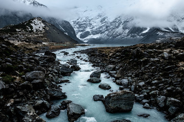 Beautiful view of the blue turquoise river in Hooker Valley track. Mount Cook National Park.