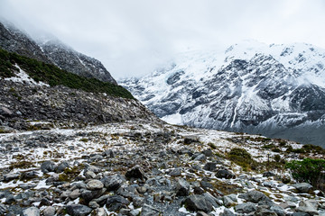 Fototapeta na wymiar Beautiful view of Kia point, Mount Cook National Park covered with snow after a snowy day.