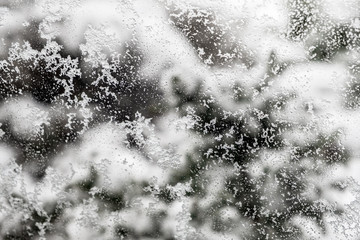 The view though the window during a snowy day. Droplet of the water and snowflakes on the window...
