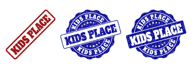 KIDS PLACE scratched stamp seals in red and blue colors. Vector KIDS PLACE labels with scratced effect. Graphic elements are rounded rectangles, rosettes, circles and text labels.