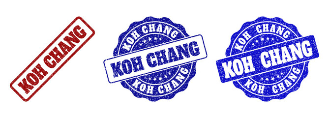 KOH CHANG grunge stamp seals in red and blue colors. Vector KOH CHANG overlays with grunge surface. Graphic elements are rounded rectangles, rosettes, circles and text captions.