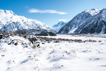 Fototapeta na wymiar Beautiful view of Mount Cook National Park covered with snow after a snowy day.