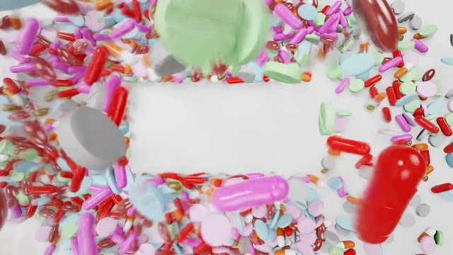 Falling Pills Forming Rectangular Space For Logo