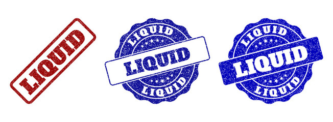 LIQUID grunge stamp seals in red and blue colors. Vector LIQUID imprints with grunge surface. Graphic elements are rounded rectangles, rosettes, circles and text titles.