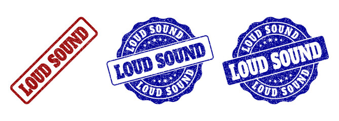 LOUD SOUND grunge stamp seals in red and blue colors. Vector LOUD SOUND marks with grunge effect. Graphic elements are rounded rectangles, rosettes, circles and text labels.