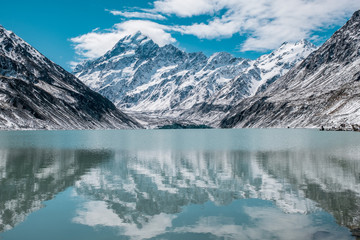 Fototapeta na wymiar Beautiful view of Mount Cook and the reflection on the hooker lake after a snowy day.