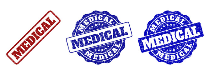 MEDICAL grunge stamp seals in red and blue colors. Vector MEDICAL labels with draft texture. Graphic elements are rounded rectangles, rosettes, circles and text labels.