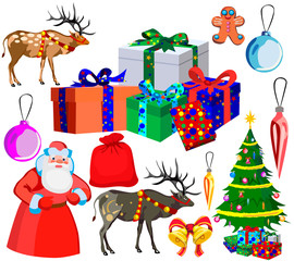 Set for happy Christmas and new year, cartoon icons and illustrations
