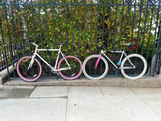 Pair of colorful bicycles at rest attached to park fence in Battery Park City in New York CIty