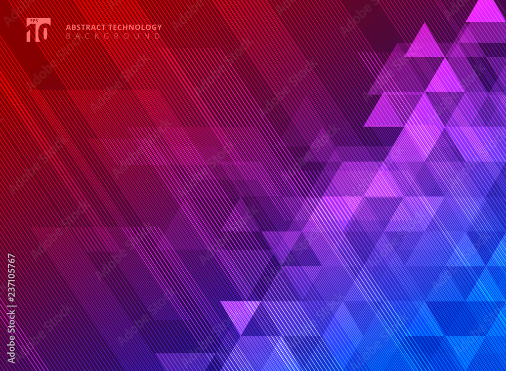 Poster abstract lines and triangles pattern on blue and red gradients background technology concept.