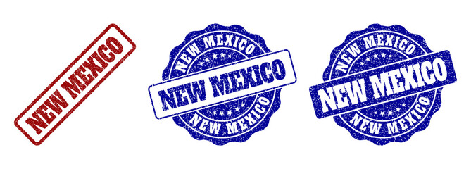 NEW MEXICO grunge stamp seals in red and blue colors. Vector NEW MEXICO marks with grunge surface. Graphic elements are rounded rectangles, rosettes, circles and text labels.