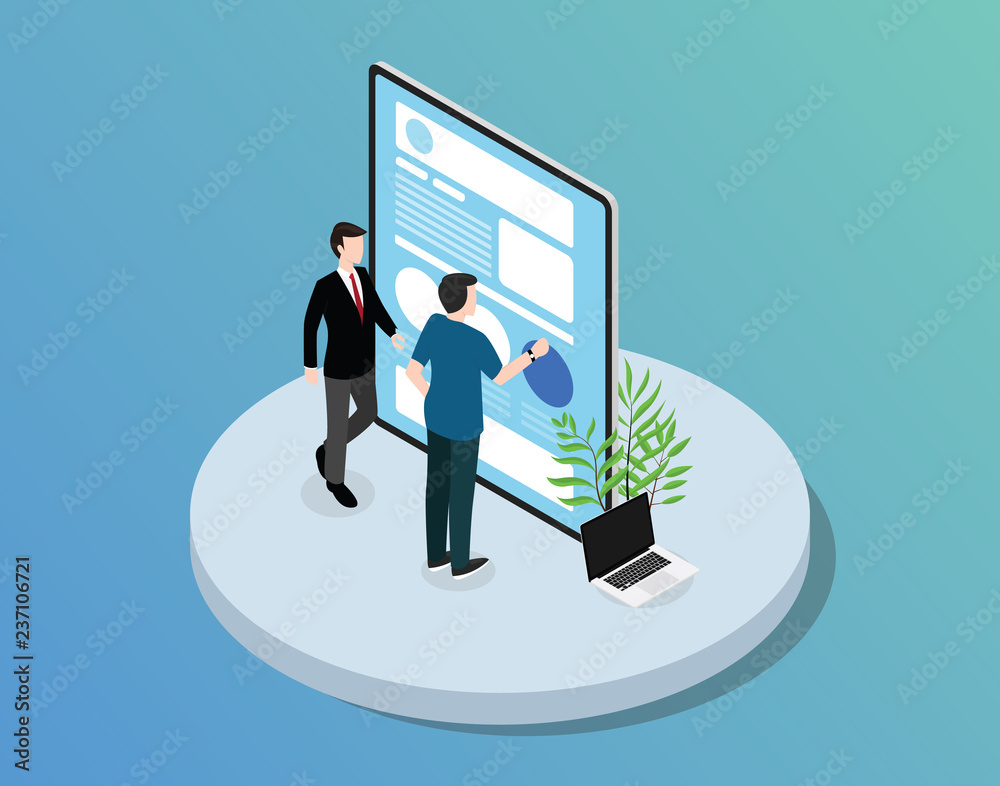 Poster mobile app website development with tablet and team developer with isometric style