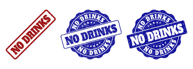 NO DRINKS grunge stamp seals in red and blue colors. Vector NO DRINKS overlays with grunge surface. Graphic elements are rounded rectangles, rosettes, circles and text captions.