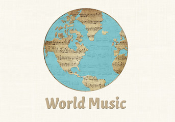 World music illustration world map made of old sheet music with world music day text