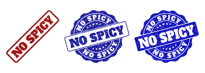 NO SPICY grunge stamp seals in red and blue colors. Vector NO SPICY marks with draft texture. Graphic elements are rounded rectangles, rosettes, circles and text labels.