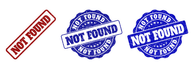 NOT FOUND grunge stamp seals in red and blue colors. Vector NOT FOUND marks with grunge effect. Graphic elements are rounded rectangles, rosettes, circles and text tags.