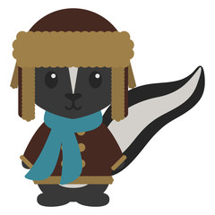 Skunk in Winter Clothes - Skunk wearing brown trapper hat, brown coat, and blue scarf