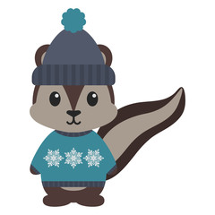 Squirrel in Winter Clothes - Squirrel wearing gray beanie hat and blue sweater with snowflakes