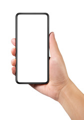 Man hand holding the black smartphone with blank screen and modern frame less design isolated on white