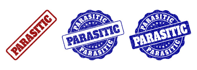 PARASITIC grunge stamp seals in red and blue colors. Vector PARASITIC overlays with grunge surface. Graphic elements are rounded rectangles, rosettes, circles and text titles.