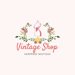 Tailor Sewing Vintage, Mannequin, Fashion, Floral, Retro Logo Template Vector Design