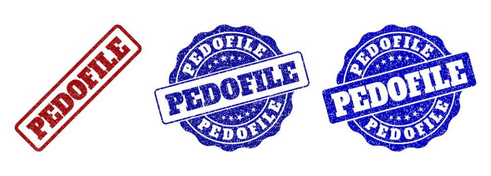 PEDOFILE scratched stamp seals in red and blue colors. Vector PEDOFILE overlays with scratced effect. Graphic elements are rounded rectangles, rosettes, circles and text captions.