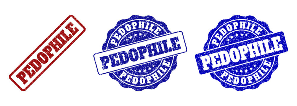 PEDOPHILE grunge stamp seals in red and blue colors. Vector PEDOPHILE labels with draft surface. Graphic elements are rounded rectangles, rosettes, circles and text labels.