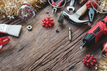 Merry Christmas and Happy New Years Handy Constrcution Tools background concept.  Handy House Fix...