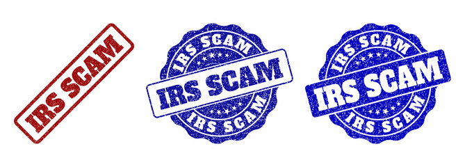 IRS SCAM grunge stamp seals in red and blue colors. Vector IRS SCAM marks with grunge effect. Graphic elements are rounded rectangles, rosettes, circles and text labels.