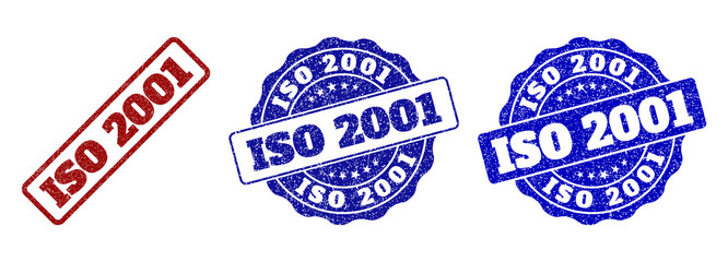 ISO 2001 grunge stamp seals in red and blue colors. Vector ISO 2001 signs with distress effect. Graphic elements are rounded rectangles, rosettes, circles and text captions.
