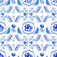 hand drawing, Watercolor, folk style. Gzhel. blue, white colors. seamless pattern for textil, wallpapers