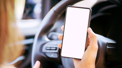 Phone mockup in car. Rent car driver