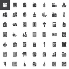 Grocery vector icons set, modern solid symbol collection, filled style pictogram pack. Signs, logo illustration. Set includes icons as Shopping cart, Store shop, Flour paper bag, Canned food, Invoice